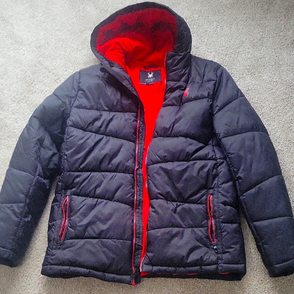 Spyder Black and Red Quilted Puffer Jacket with Hood